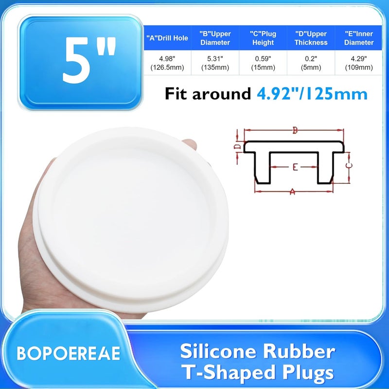 BOPOREAE 126.5 mm/4.99 in Silicone Rubber Plug for 125 mm Large Round Holes, Waterproof T Type Rubber Stoppers, Soft Flexible Hole Seal Plugs Tube Pipe End Cap Covers, White - Image 2